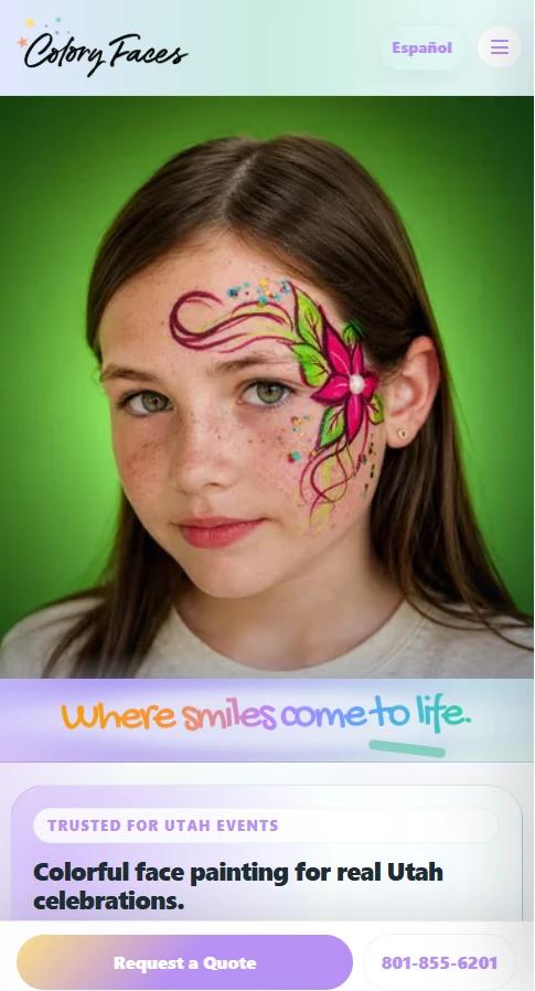 Mobile Colory Faces homepage showing the face painting hero and quote actions