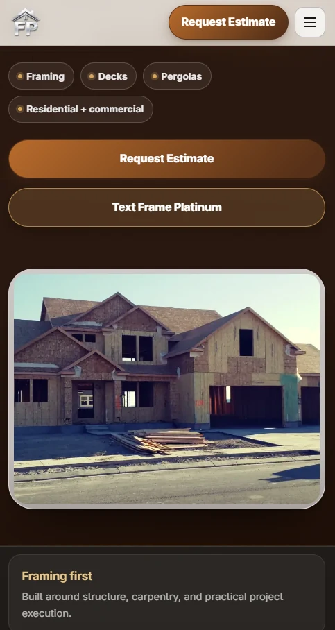 Captured Frame Platinum homepage showing the framing-first contractor website hero and project photos