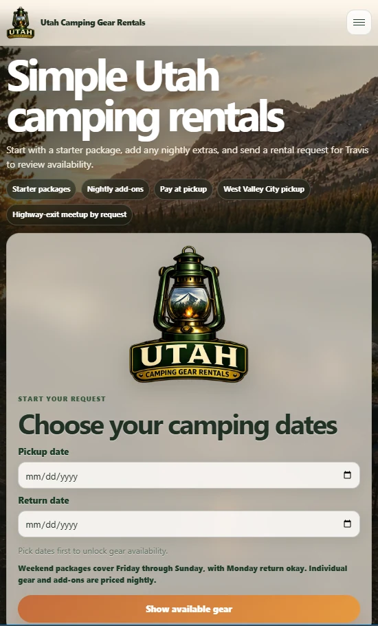 Captured Utah Camping Gear Rentals homepage showing the rental request hero and date picker
